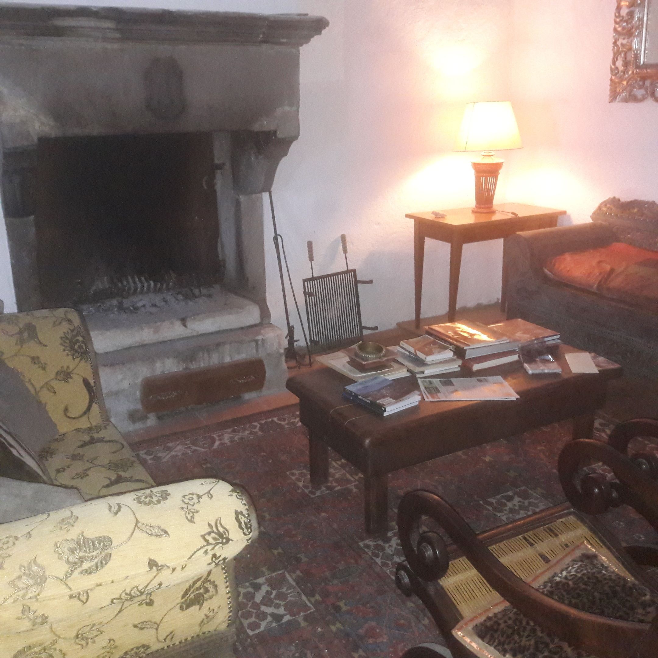 A cozy living room with a fireplace, a sofa, a coffee table with books, and a lamp.