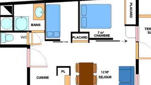 Un plan d’une chambre d’hôtel comprenant une salle de bain, des toilettes, une cuisine, un placard, une chambre de 7 mètres et un salon de 12 mètres.