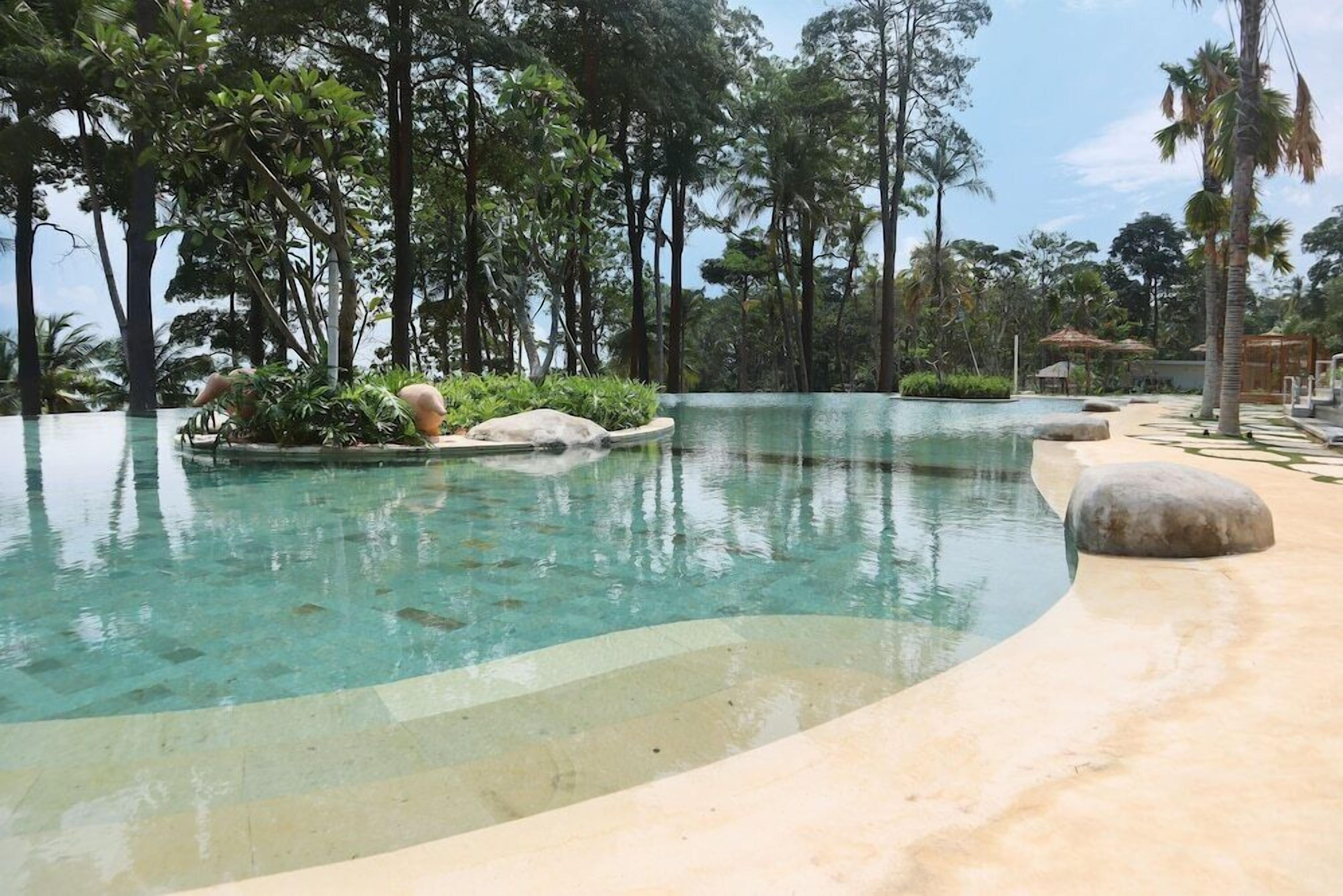 A pool with clear water, surrounded by rocks and lush greenery.