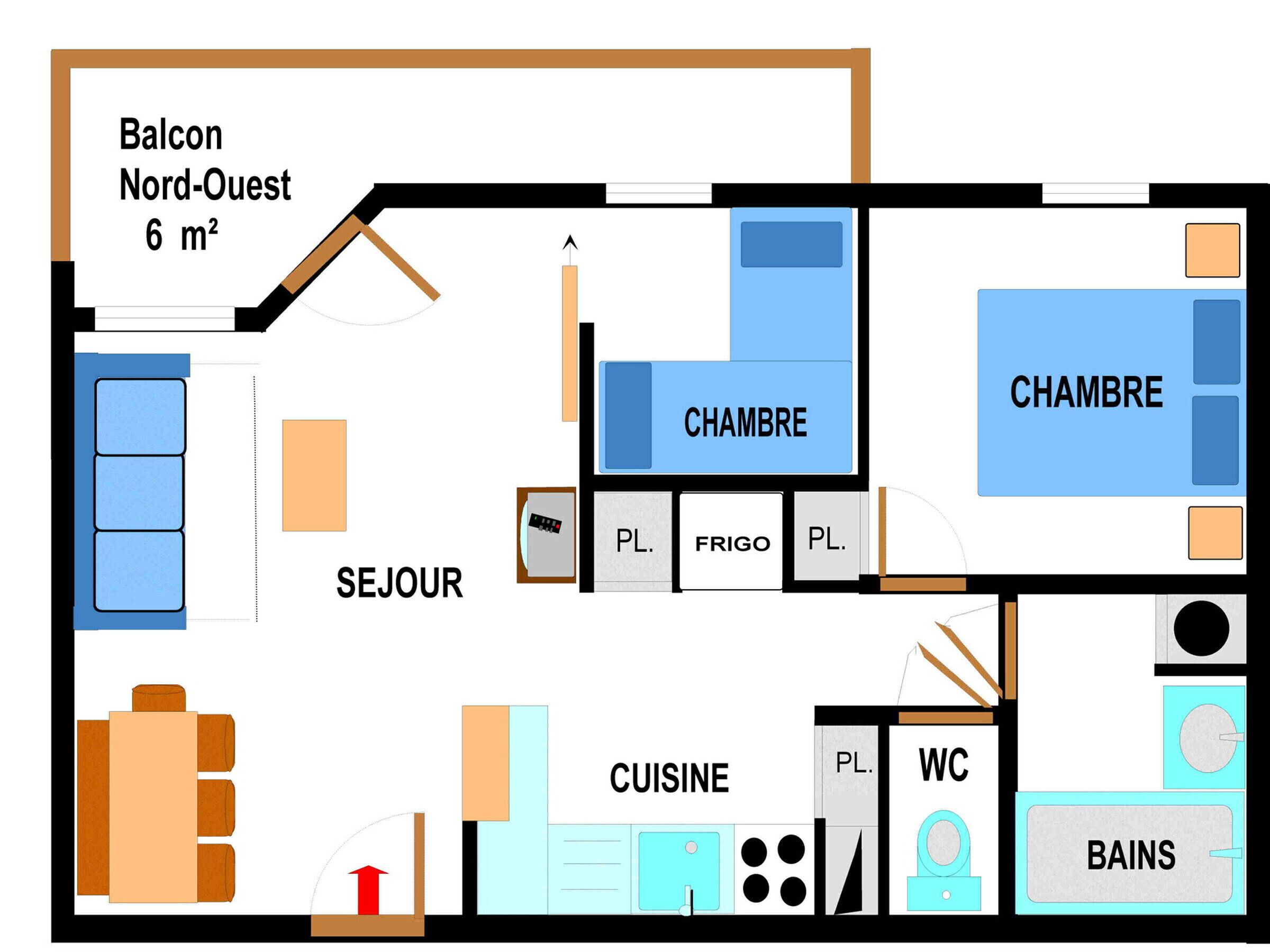 A hotel floor plan with a balcony, two bedrooms, a living room, a kitchen, a bathroom, and a WC.