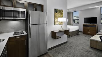 Desk, laptop workspace, blackout curtains, free WiFi