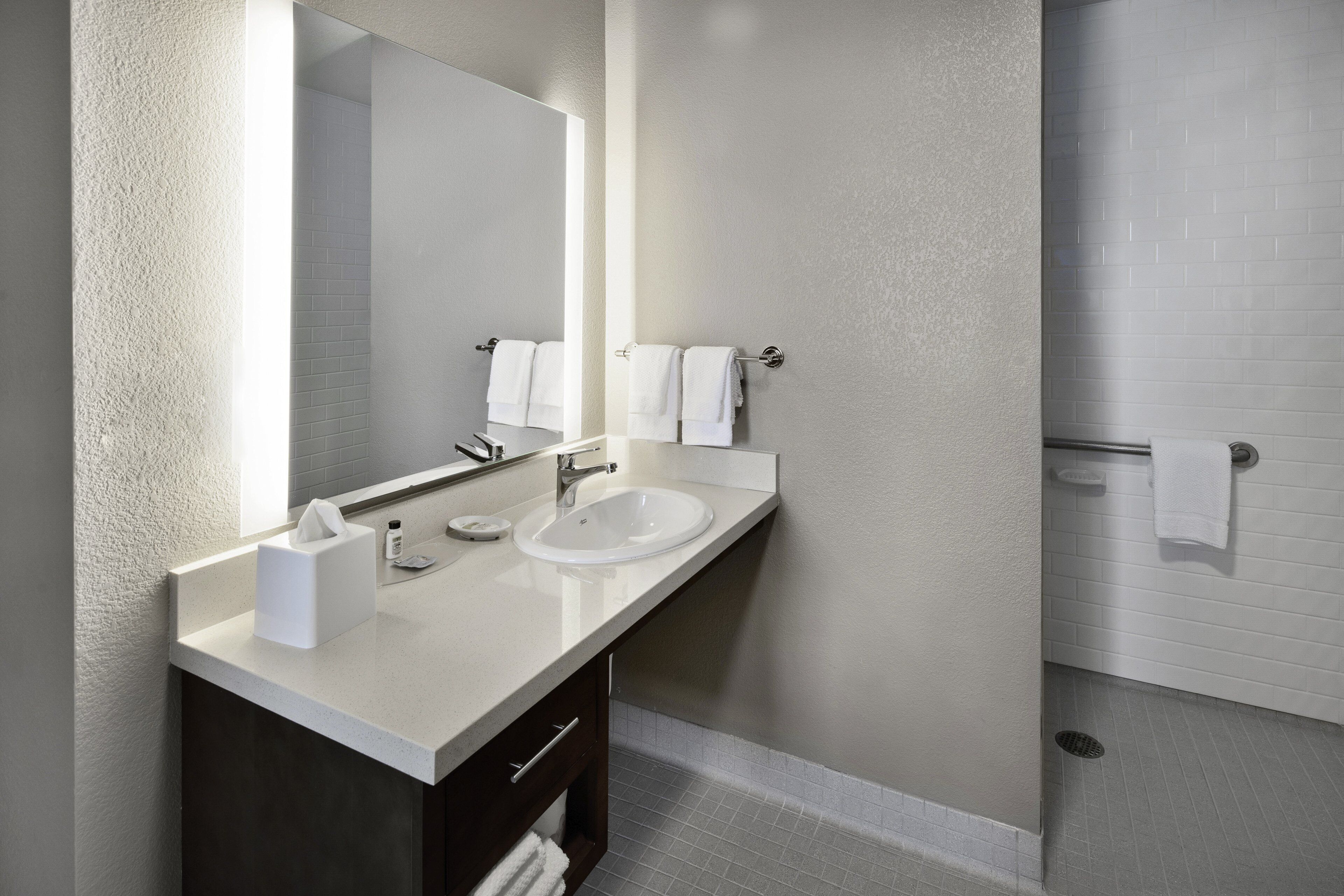 A modern bathroom with a double sink, a large mirror, and a shower area.