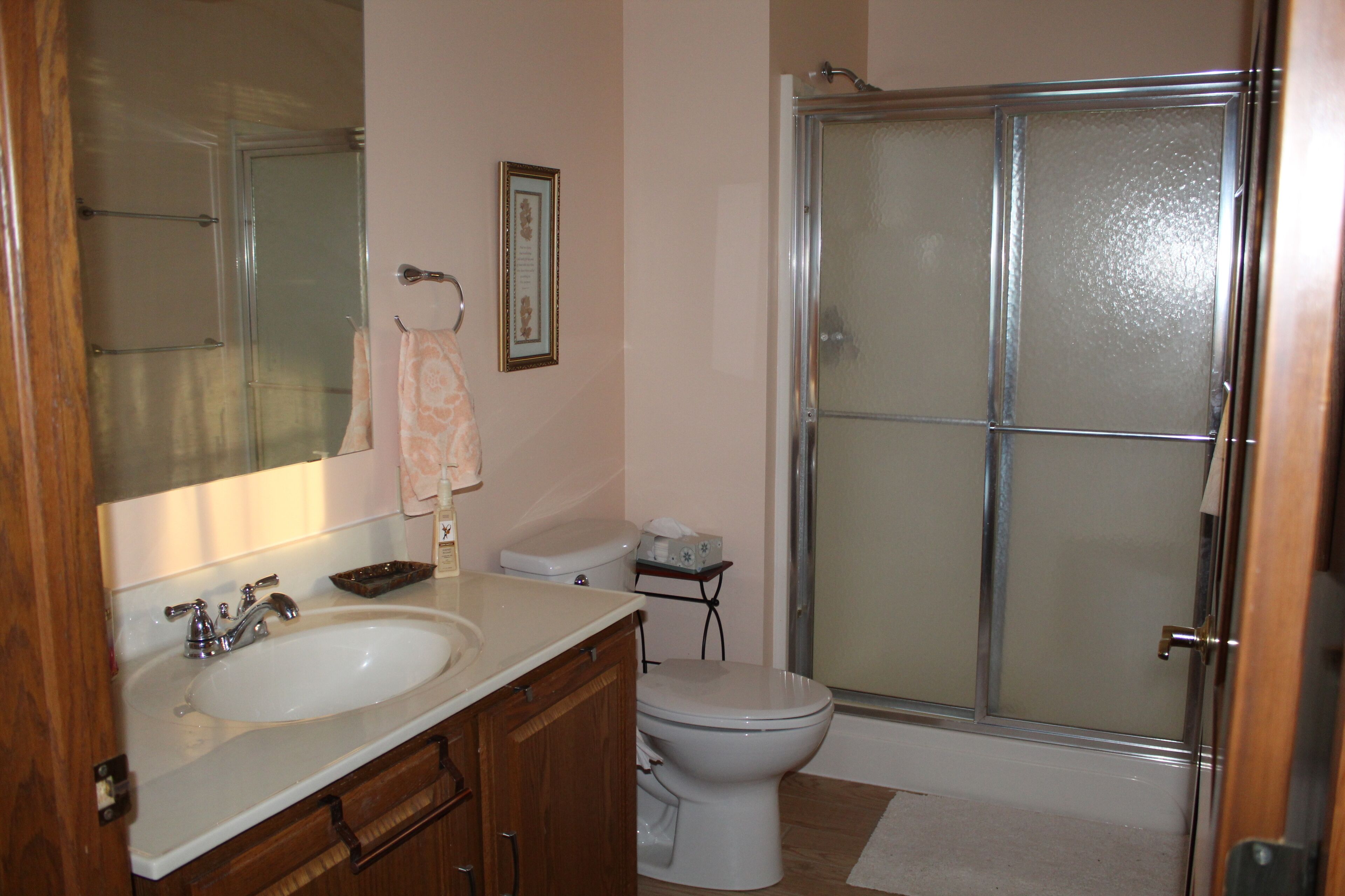 A bathroom with a white sink, a toilet, and a glass shower enclosure.
