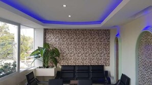 A conference room with a patterned wall, a potted plant, and a seating arrangement. - Cess Summer Boutique Hotel (Kalibo)