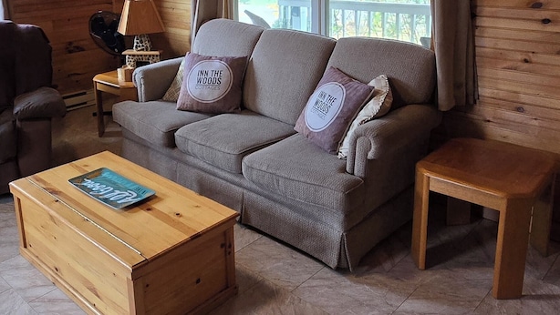 A cozy cabin-style room with a wooden ceiling, a large window with curtains, a grey sofa with 'IN THE WOODS' cushions, a wooden coffee table, and a small wooden side table.
