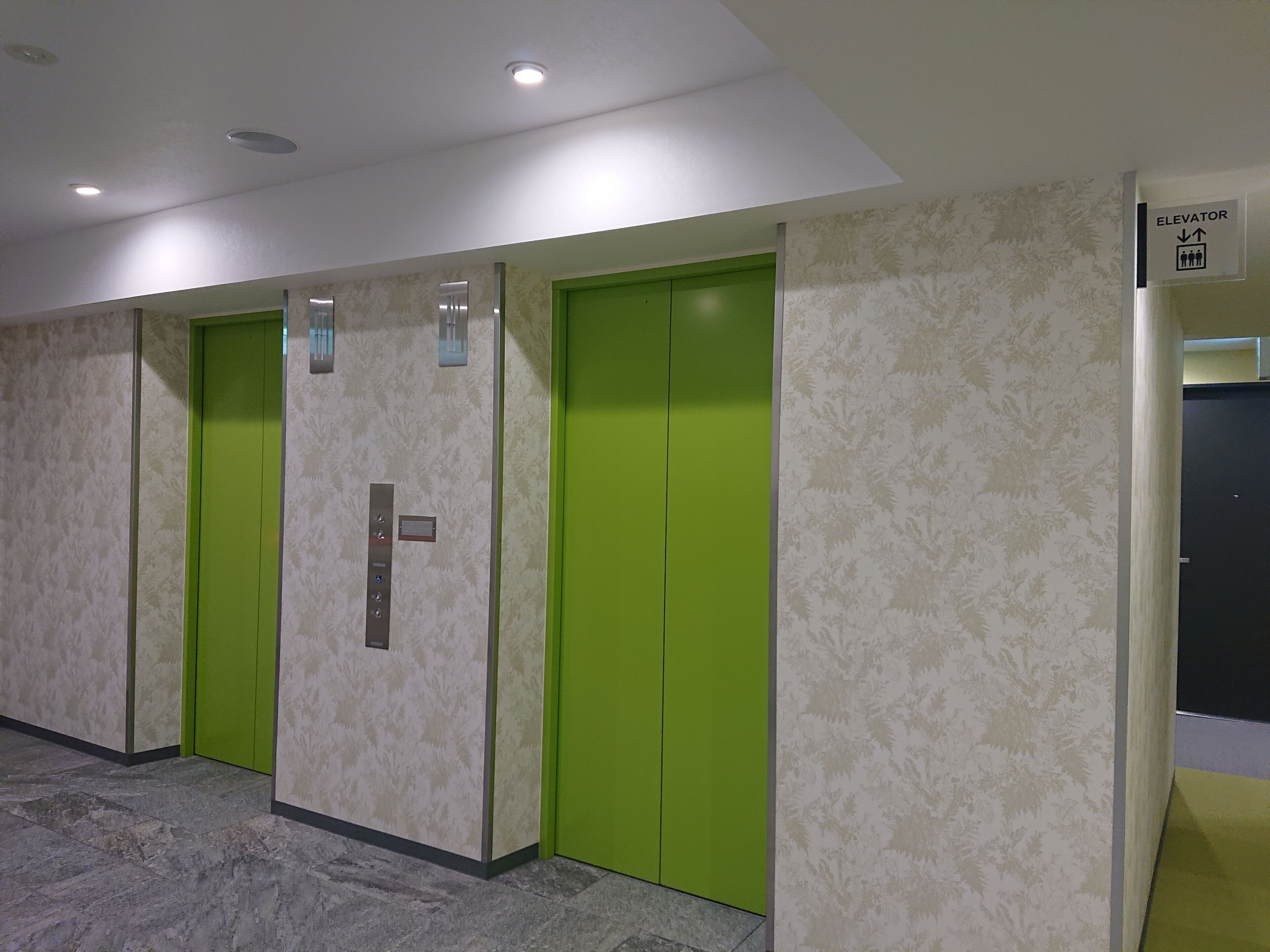 A hallway with green doors, a sign indicating an elevator, and patterned wallpaper.