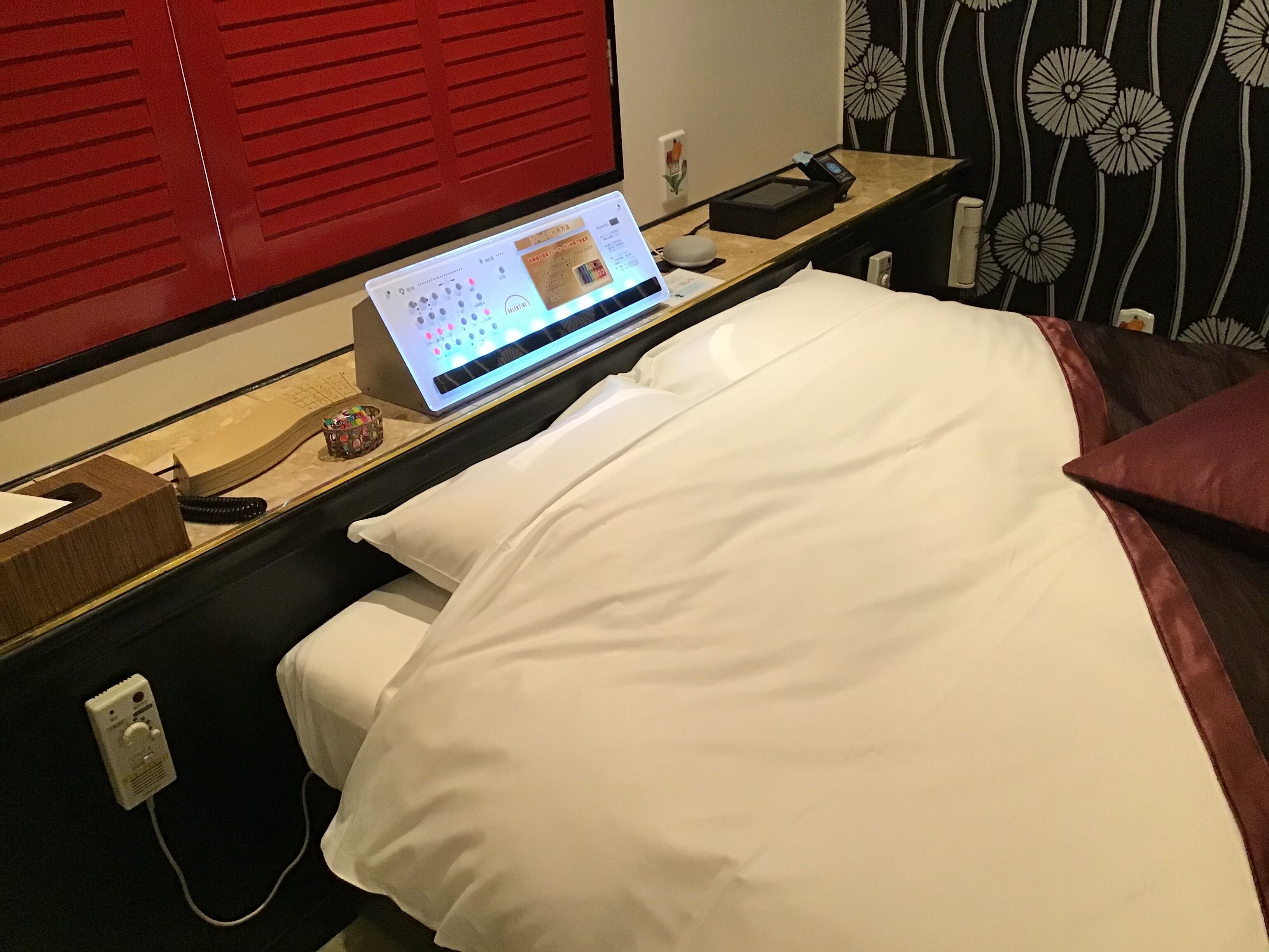 A hotel room with a bed, a bedside table with a laptop, a telephone, and a decorative item.
