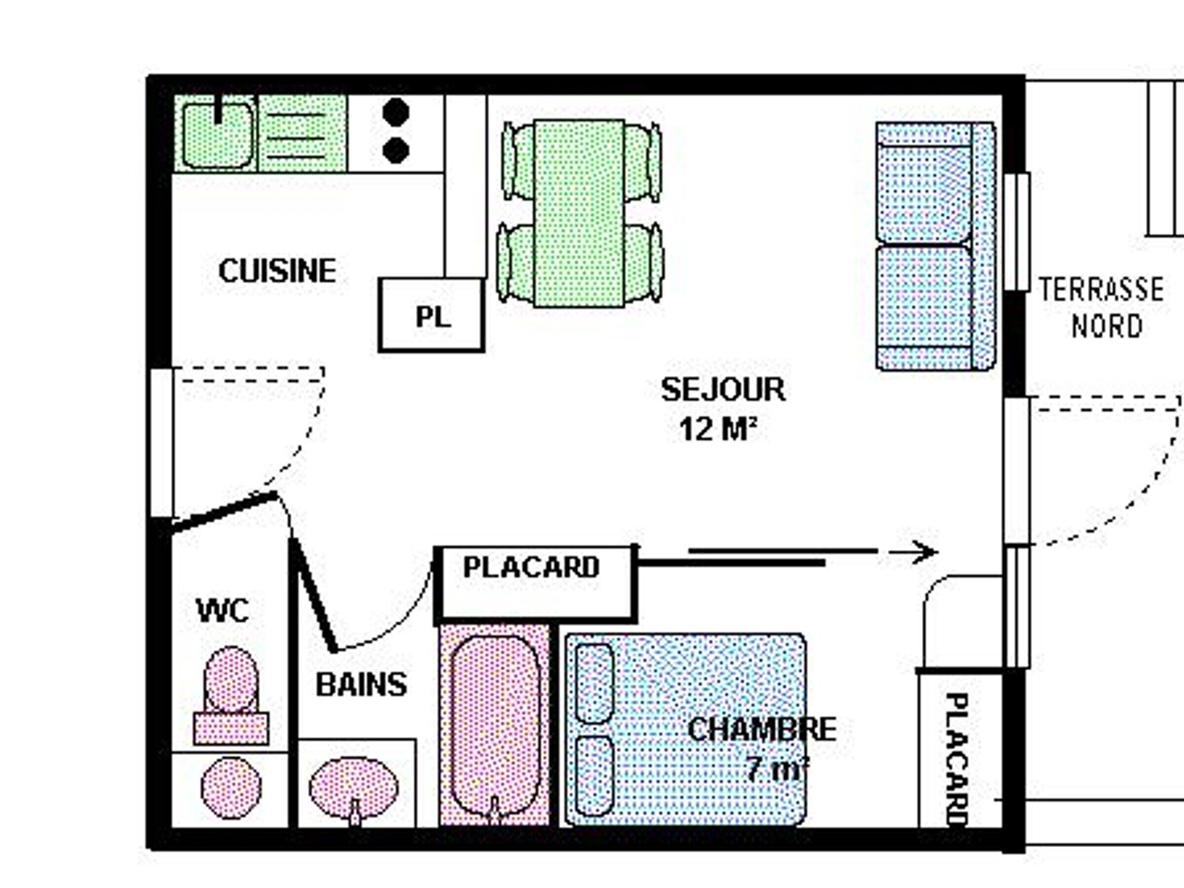 A hotel room layout with a kitchen, ensuite bathroom, WC, and a 7m² bedroom.