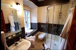 Shower, hair dryer, bathrobes, towels