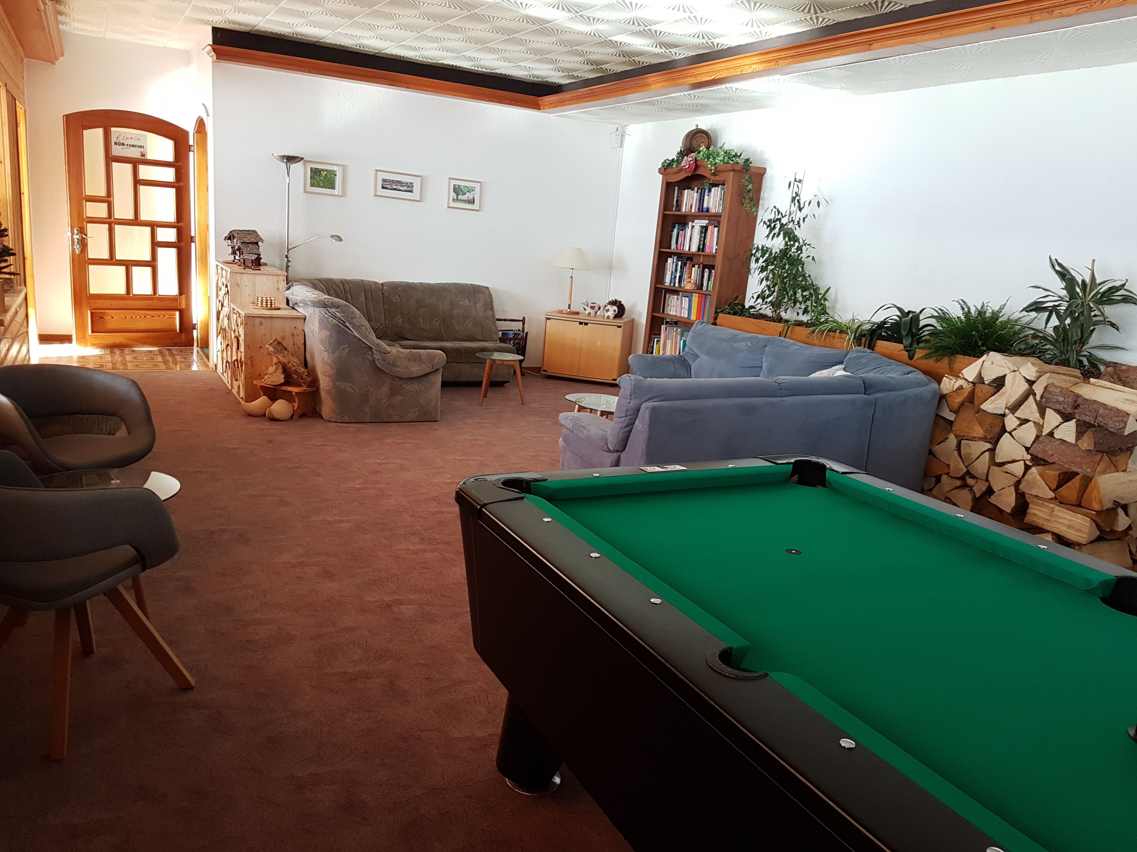 Una sala de estar acogedora con una mesa de billar, un sofá, una silla y una estantería.