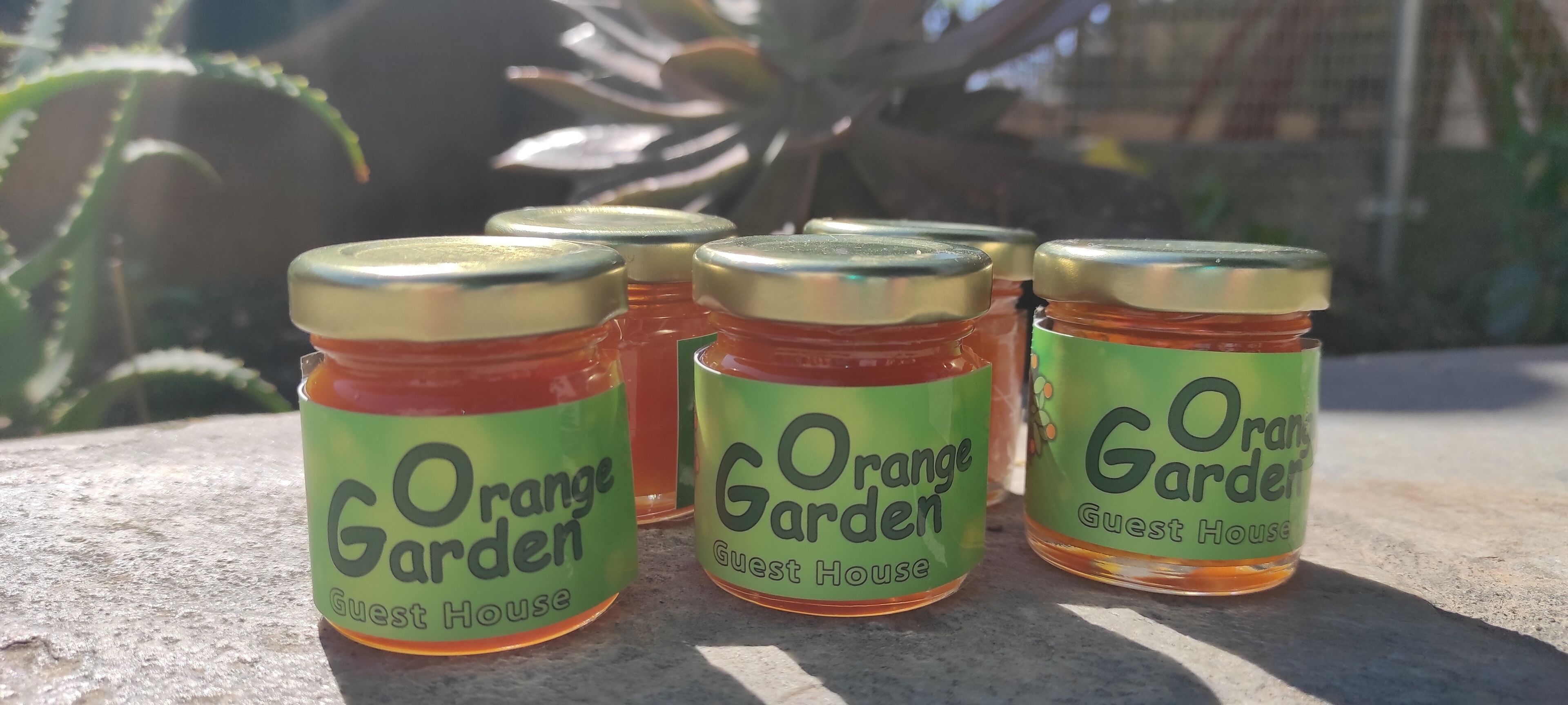 Quatre pots de confiture d’orange, étiquetés « Maison d’hôtes Orange Garden », sont posés sur une table à l’extérieur.