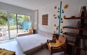 1 bedroom, desk, iron/ironing board, travel cot