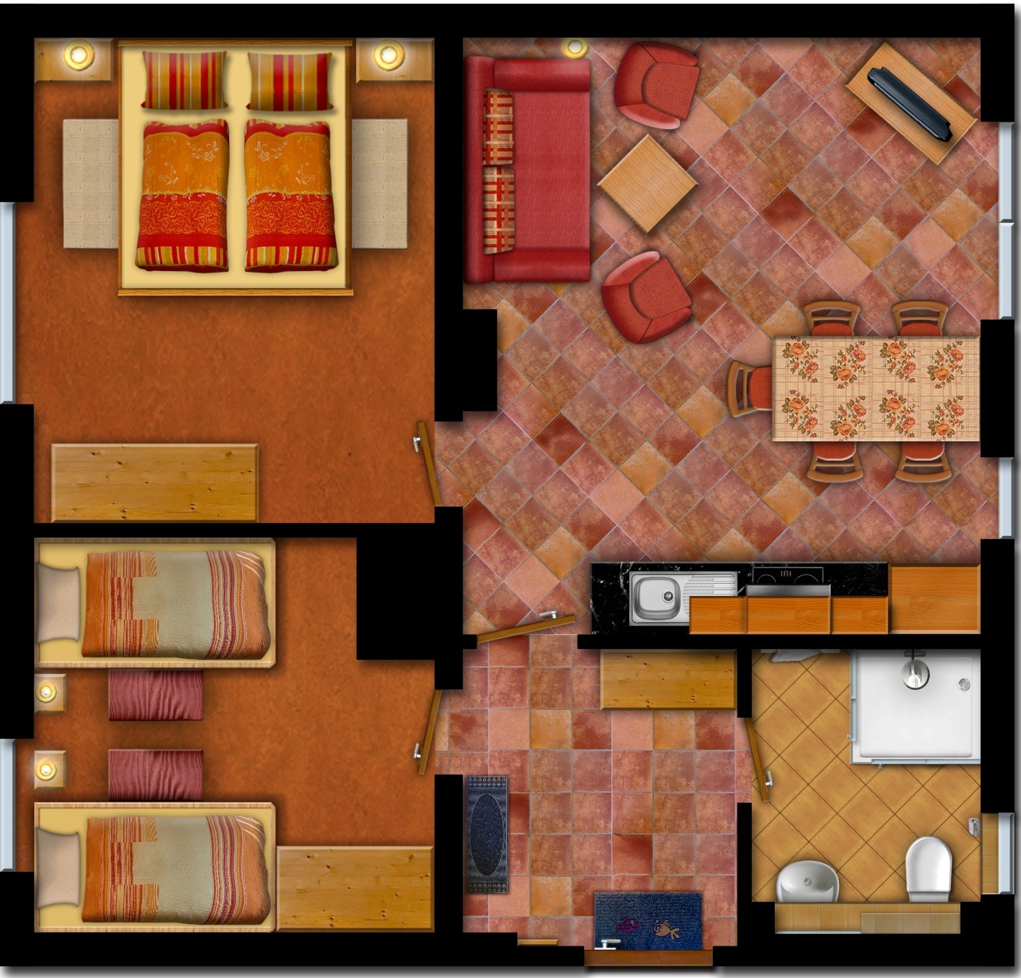 A hotel room layout with a bed, two seating areas, a dining table, a kitchen, and a bathroom.