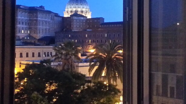 A view of a large building with a dome, likely a government or historical building, seen through a window with a view of palm trees in the foreground. - S. PETER - BIG APARTMENT IN FRONT OF DOME WITH VIEW (Roma)