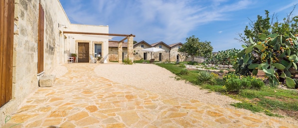 A courtyard with stone flooring, a covered seating area, and a cactus plant.
