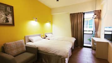 Down comforters, desk, blackout drapes, soundproofing