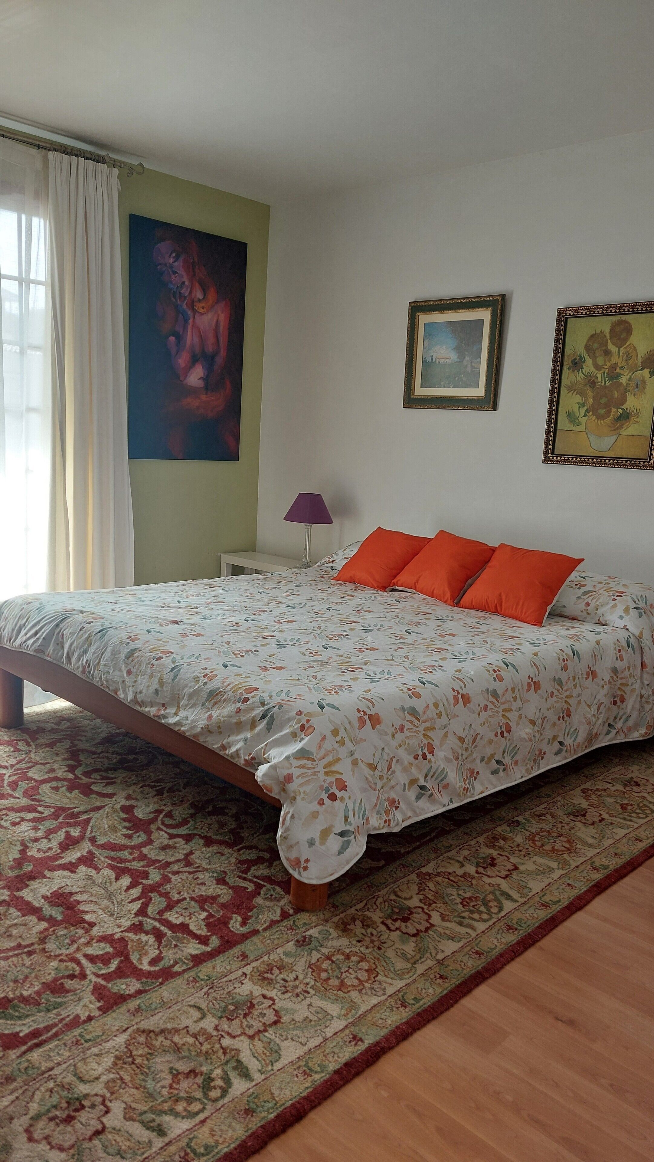 Quarto com colcha florida, almofada laranja, tapete estampado, um quadro e uma luminária.