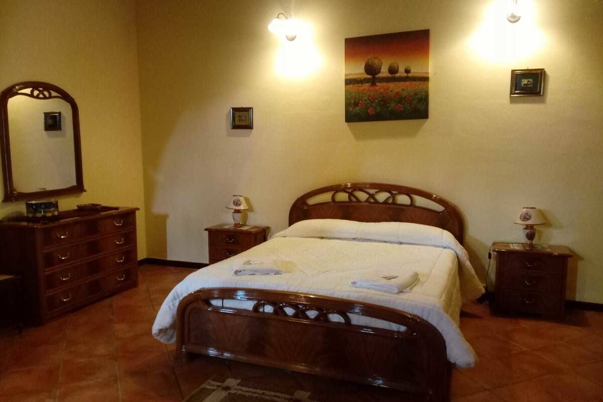 Quarto com cama de madeira, duas mesas de cabeceira com luminárias, cômoda, espelho e um quadro na parede.