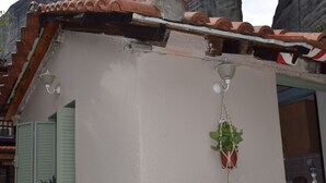 Un edificio con tejado de tejas, una planta en maceta con una flor roja y un candelabro colgante.
