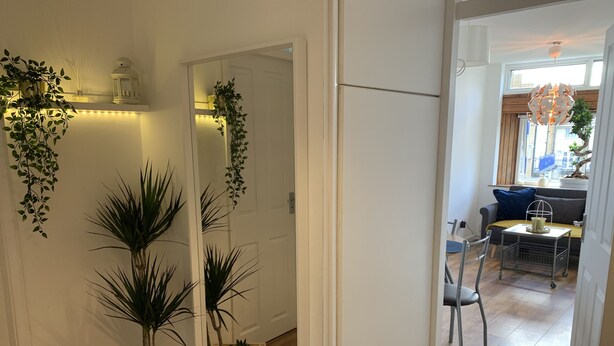 A modern interior with a mirror reflecting a living area, potted plants, and a dining setup. - London Walthamstow Flat (London)