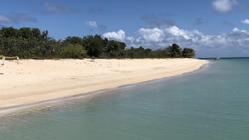 En la playa, camastros y toallas de playa 