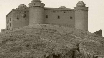 Eine große, historische Burg mit mehreren Türmen und einer befestigten Mauer, gelegen auf einem felsigen Hügel.