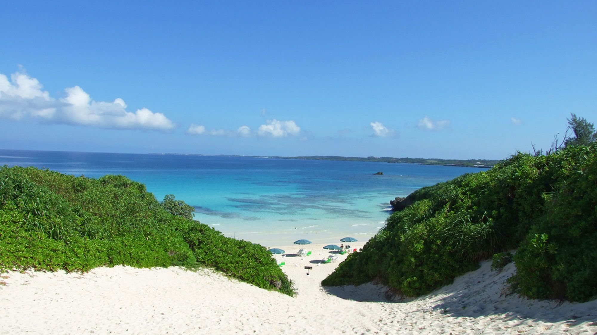 A beach with clear turquoise waters, white sand, and green foliage.
