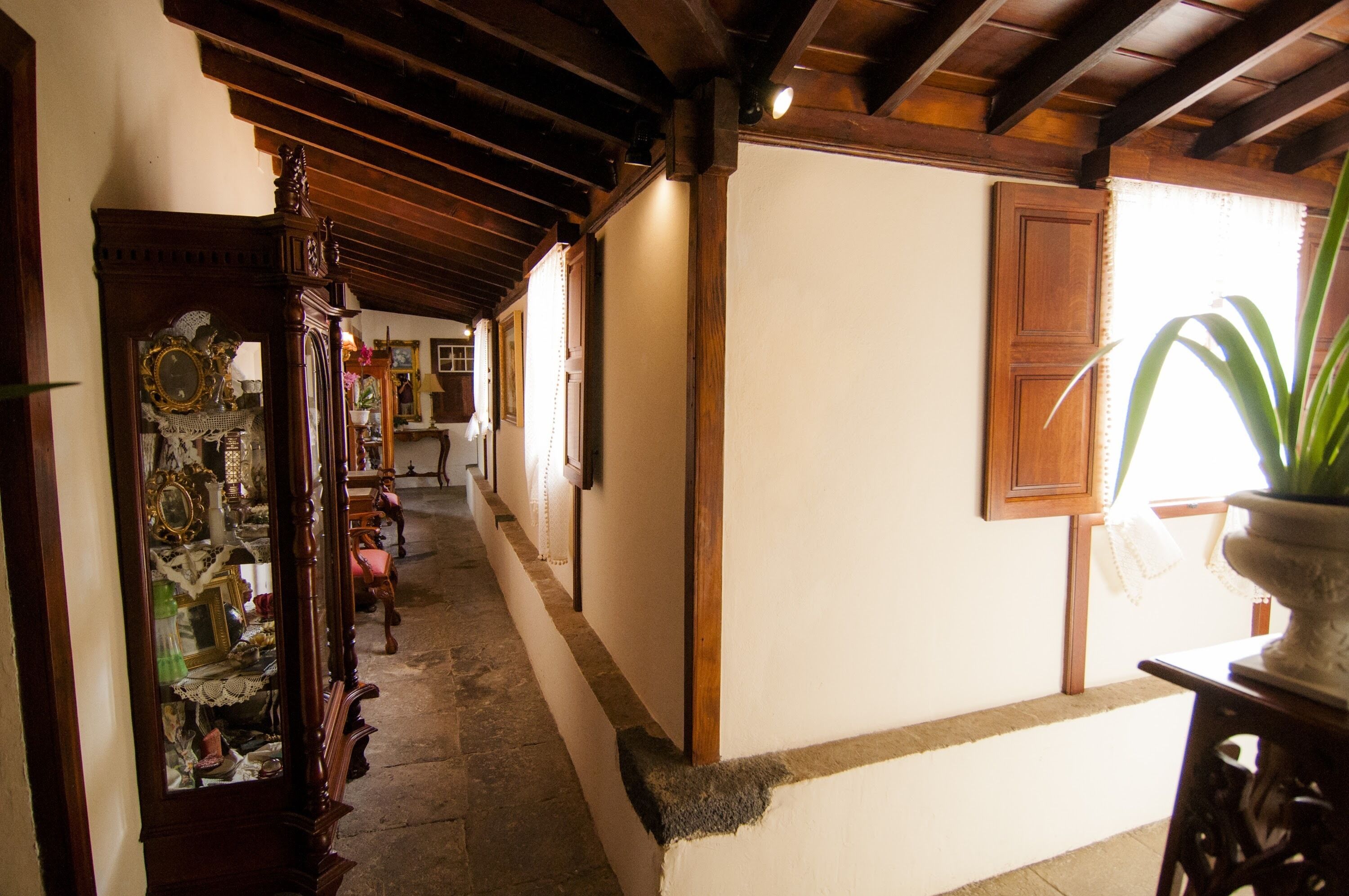 A hallway with wooden beams, a mirror with ornate decorations, and a potted plant.