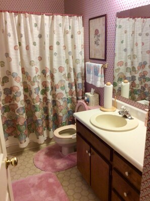 Hair dryer, towels, toilet paper