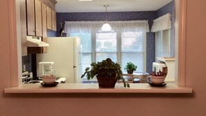 Een keuken met een raam, een koelkast, een koffiezetapparaat en een plant op het aanrecht.