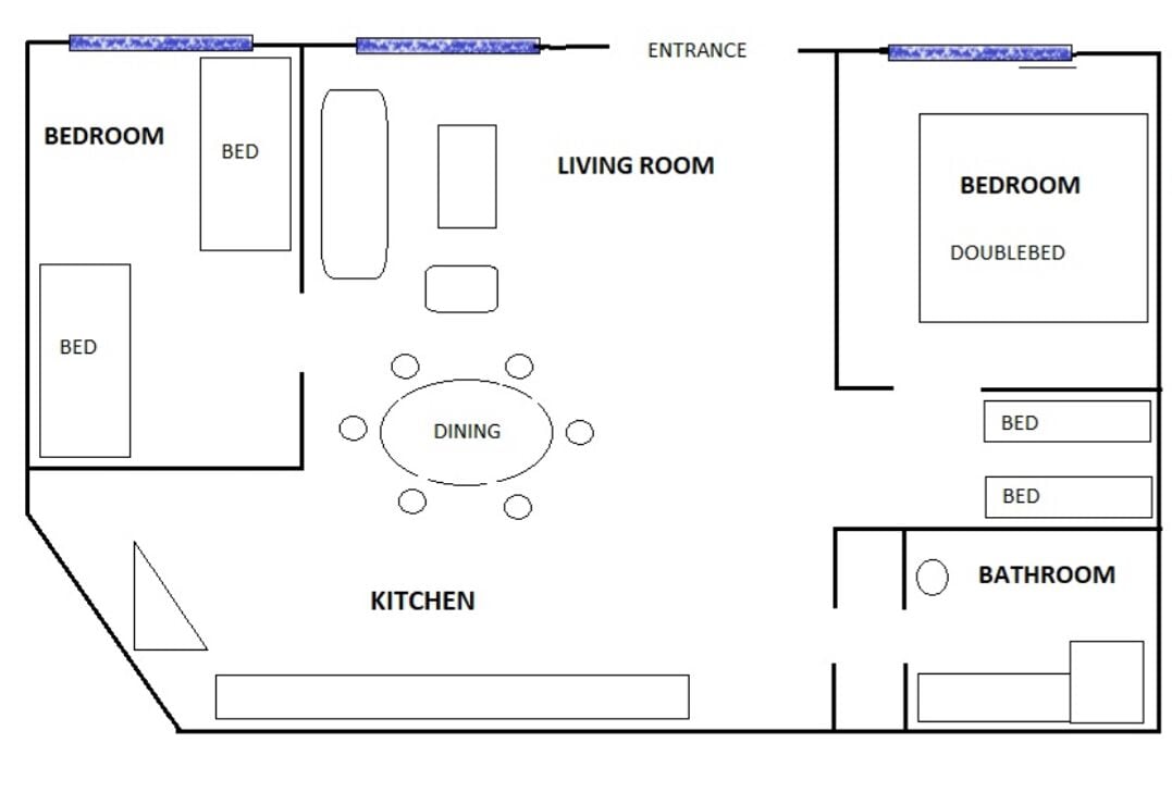 Grundriss mit Schlafzimmer, Doppelzimmer, Wohnzimmer, Essbereich, Küche und Badezimmer.