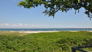 A beach with a pier in the distance, lush greenery, and a clear sky. - Skaerven Beachfront Condos and Cottage (Nyborg)