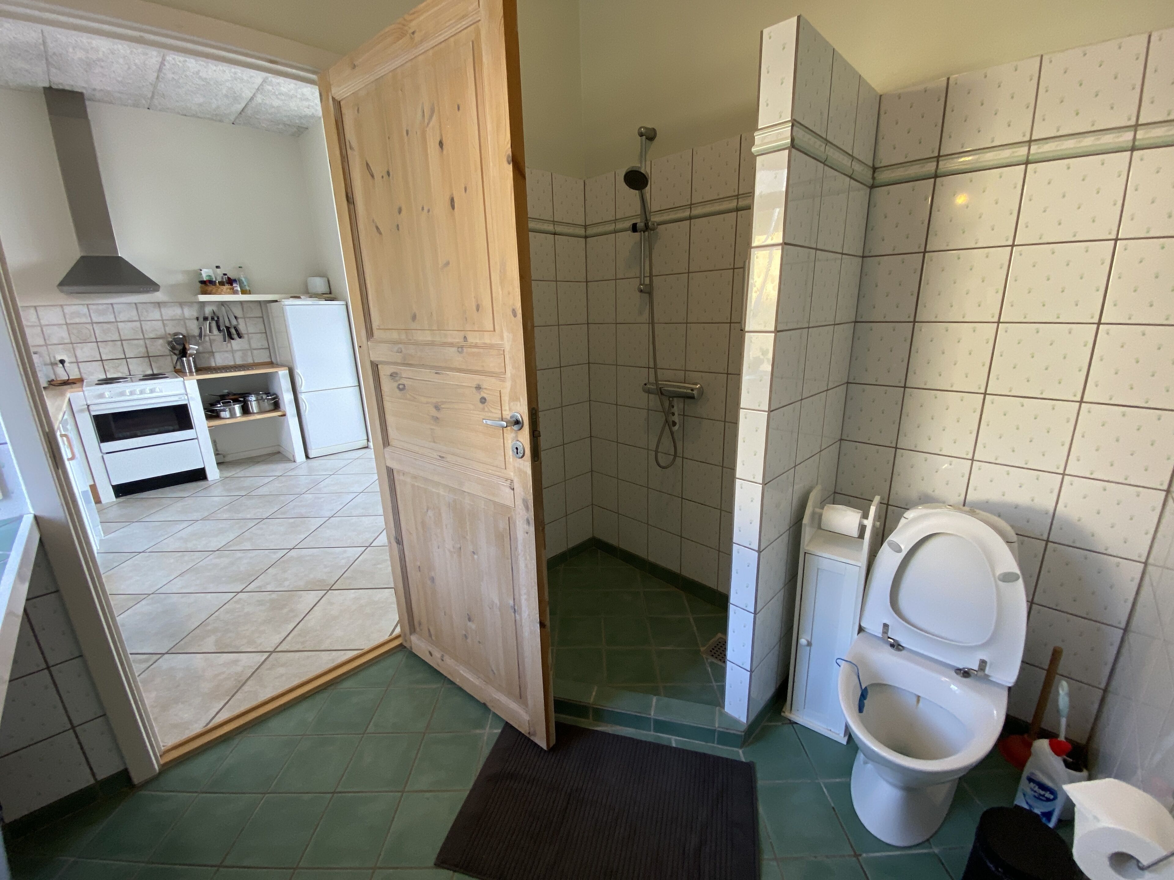 Ein Badezimmer mit Dusche, Toilette und Waschbecken.