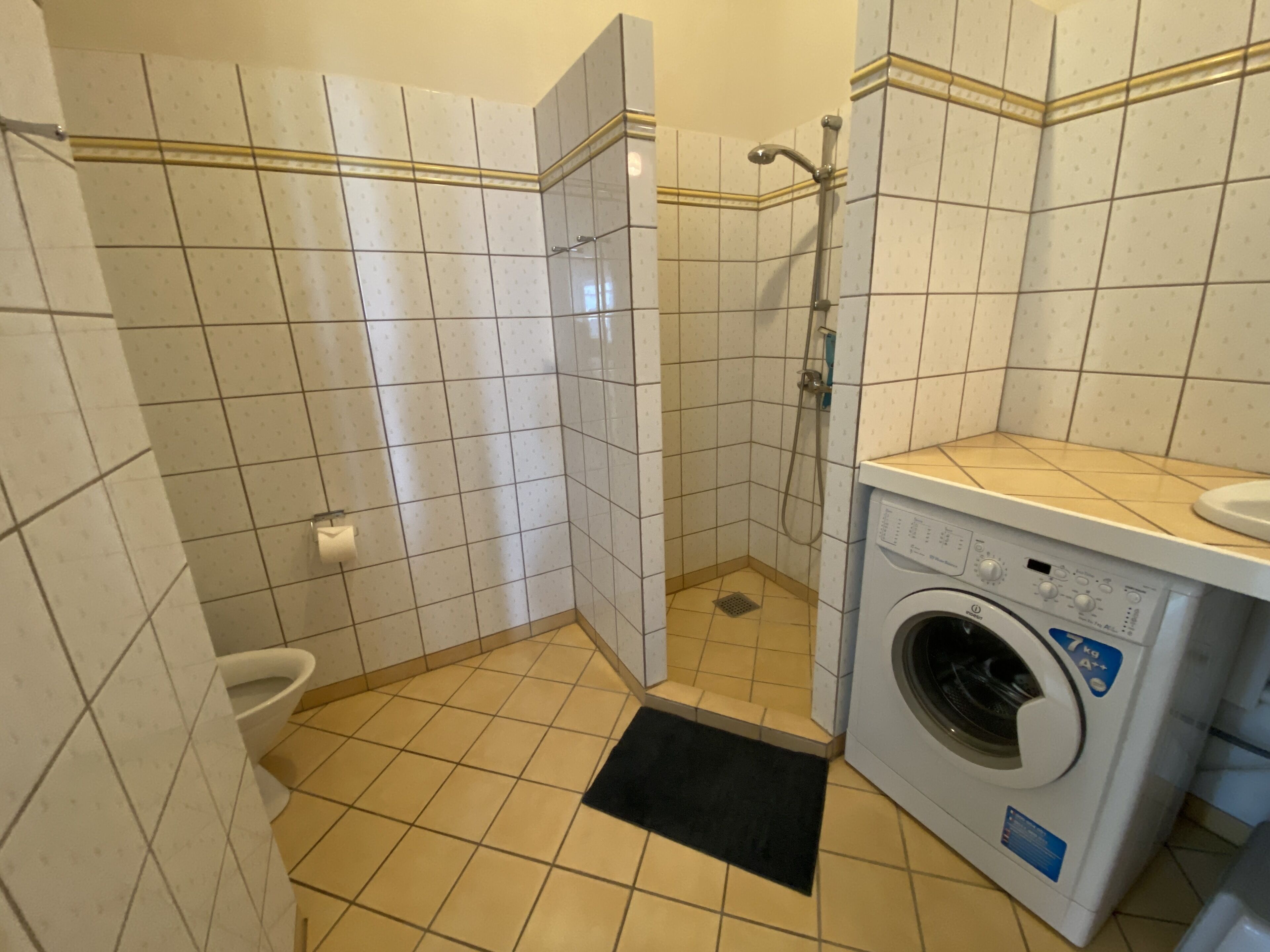 A small bathroom with a shower, toilet, and washing machine.