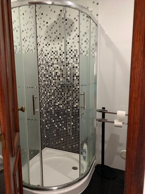 Een douche, handdoeken, toiletpapier