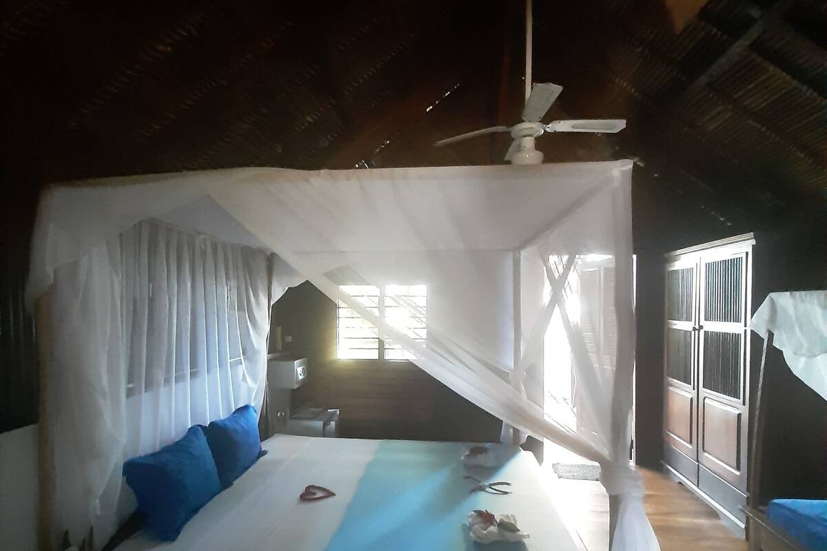 A bedroom with a bed, white canopy, blue pillows, and a ceiling fan.