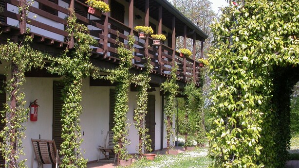 Un bâtiment doté d’un balcon en bois, de plantes en pot et d’une chaise à l’extérieur.