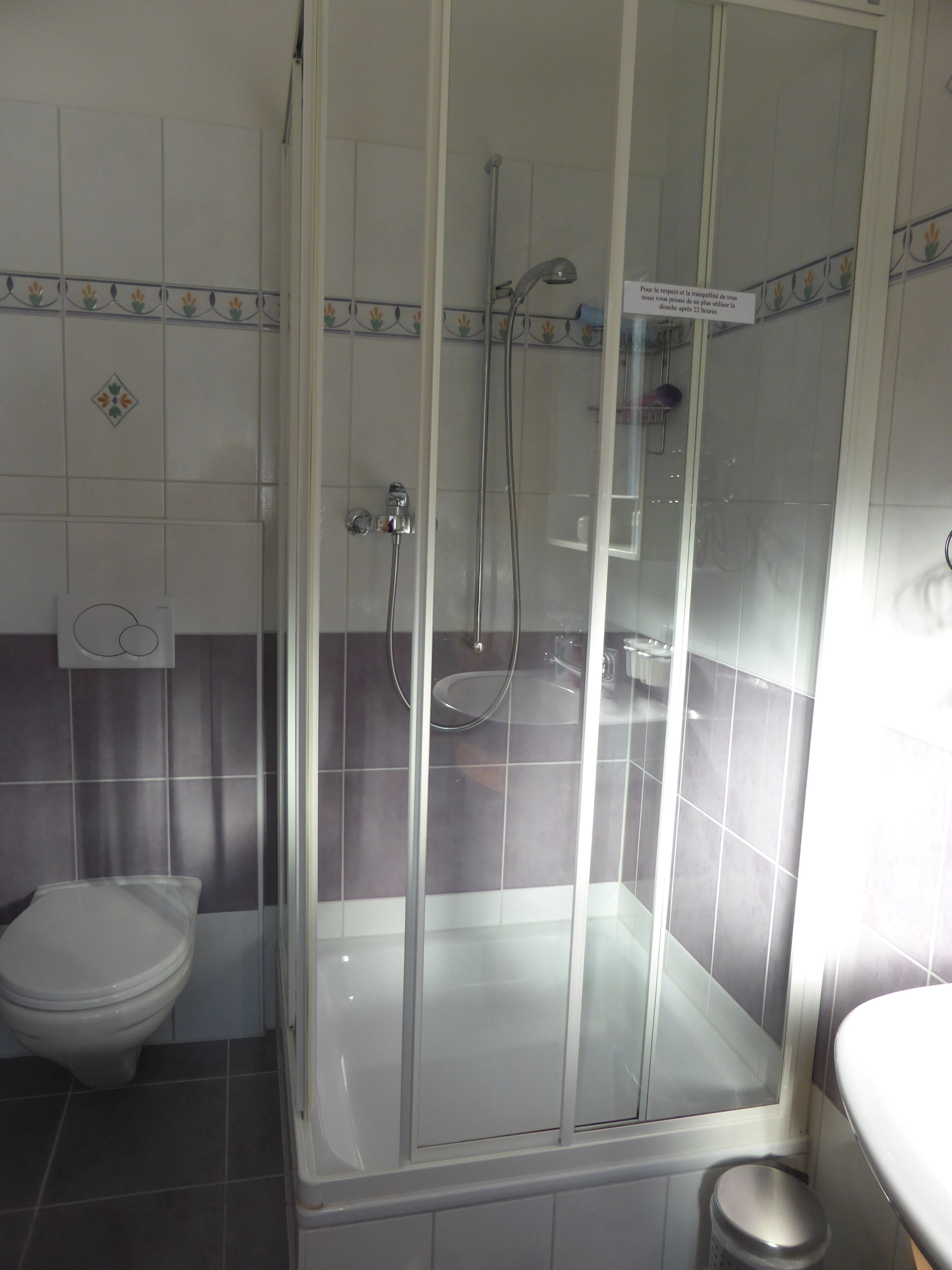 A bathroom with a glass-enclosed shower, a toilet, and a sink.