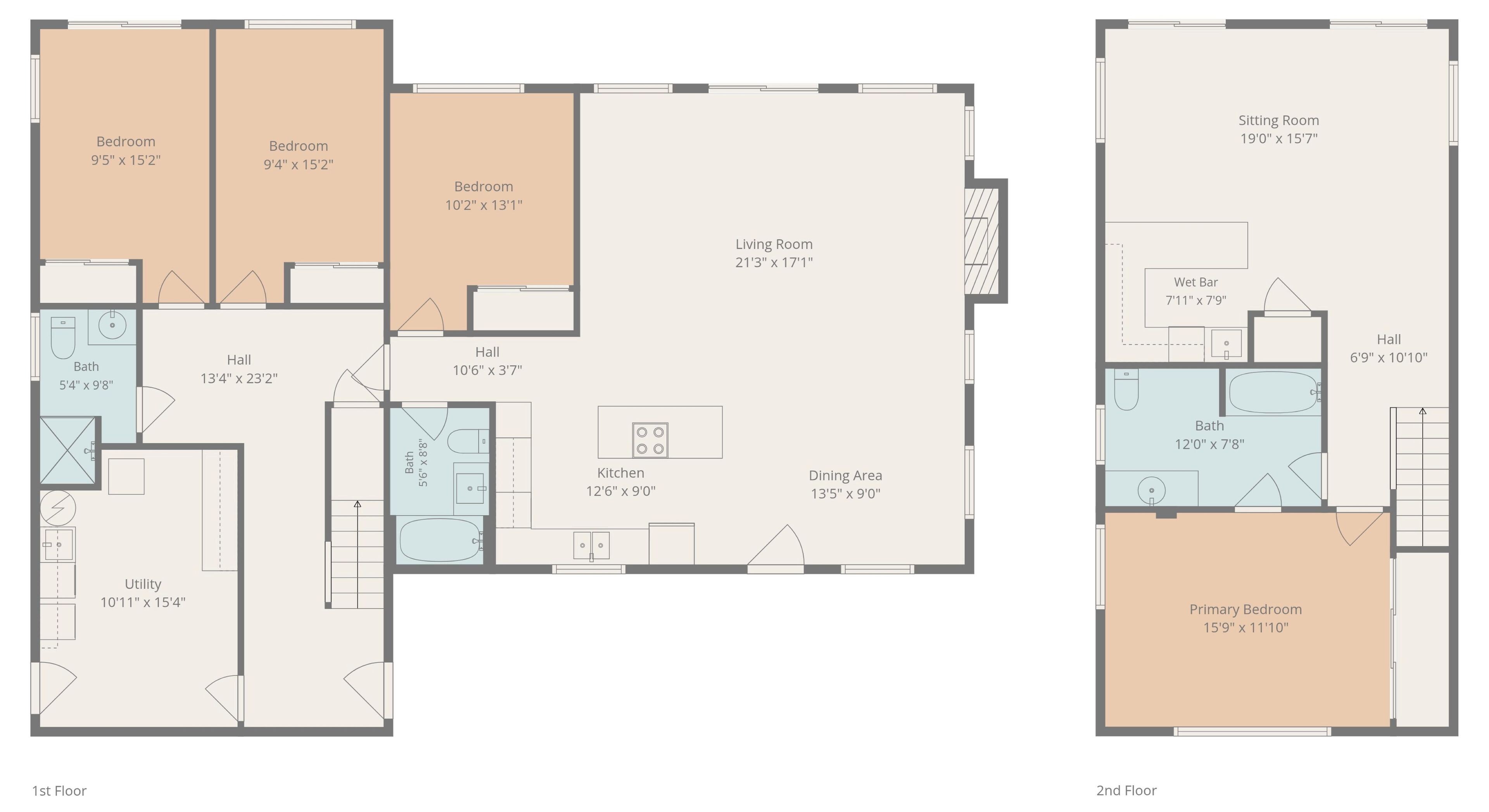 Grundriss der ersten Etage mit drei Schlafzimmern, einem Wohnzimmer, einem Essbereich, einer Küche, einem Badezimmer, einem Hauswirtschaftsraum und einer Diele. Die zweite Etage umfasst ein Wohnzimmer, einen Essbereich, ein Badezimmer, ein Hauptschlafzimmer und eine Diele.