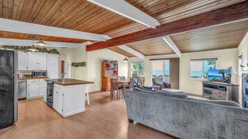 Smart TV, chimenea, reproductor de DVD, libros