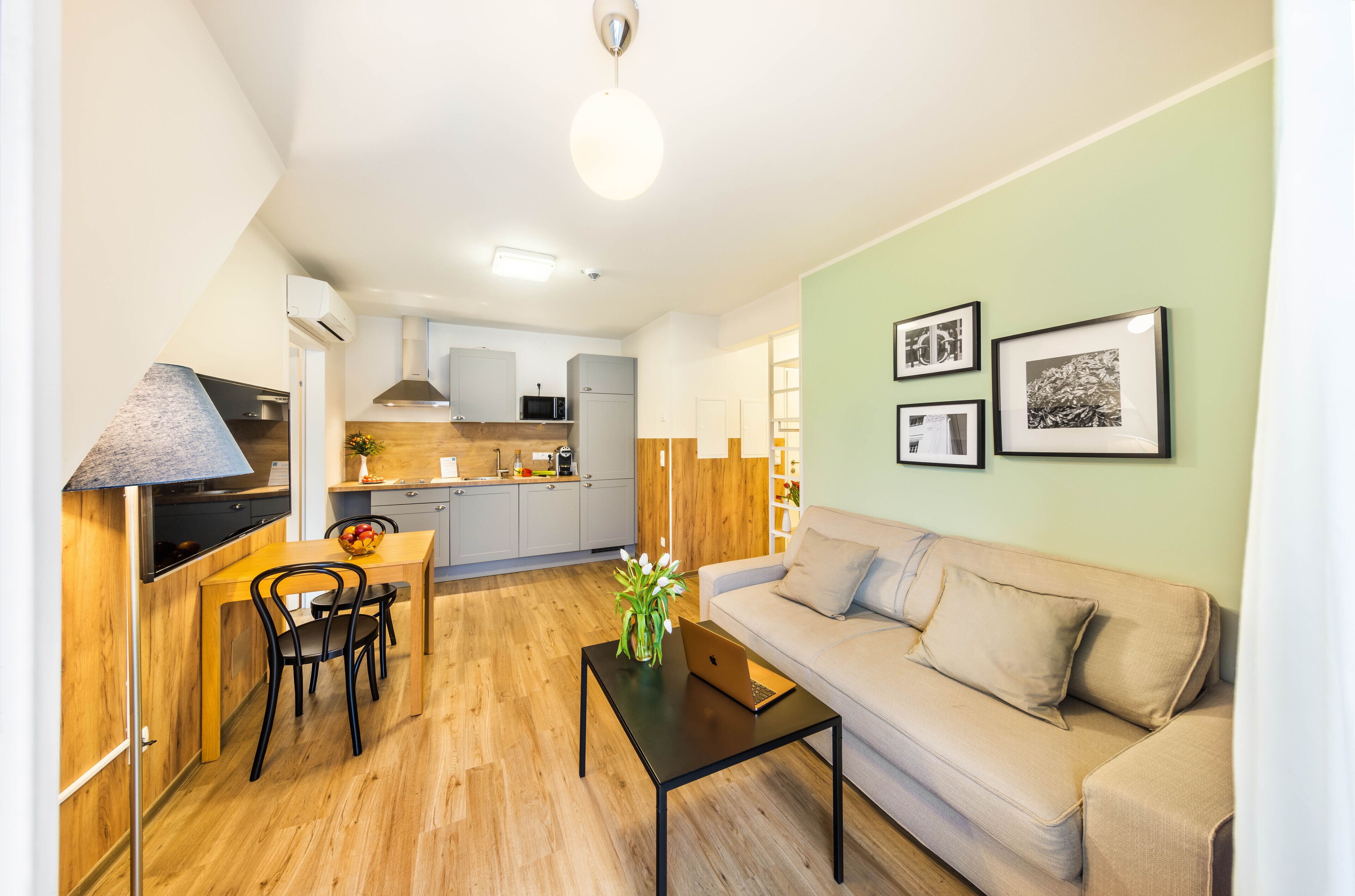 A modern apartment with a dining area, kitchenette, and living room.