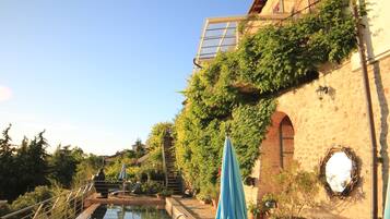 Zona de piscina con una escalera que conduce a un edificio, rodeada de follaje y plantas en macetas.