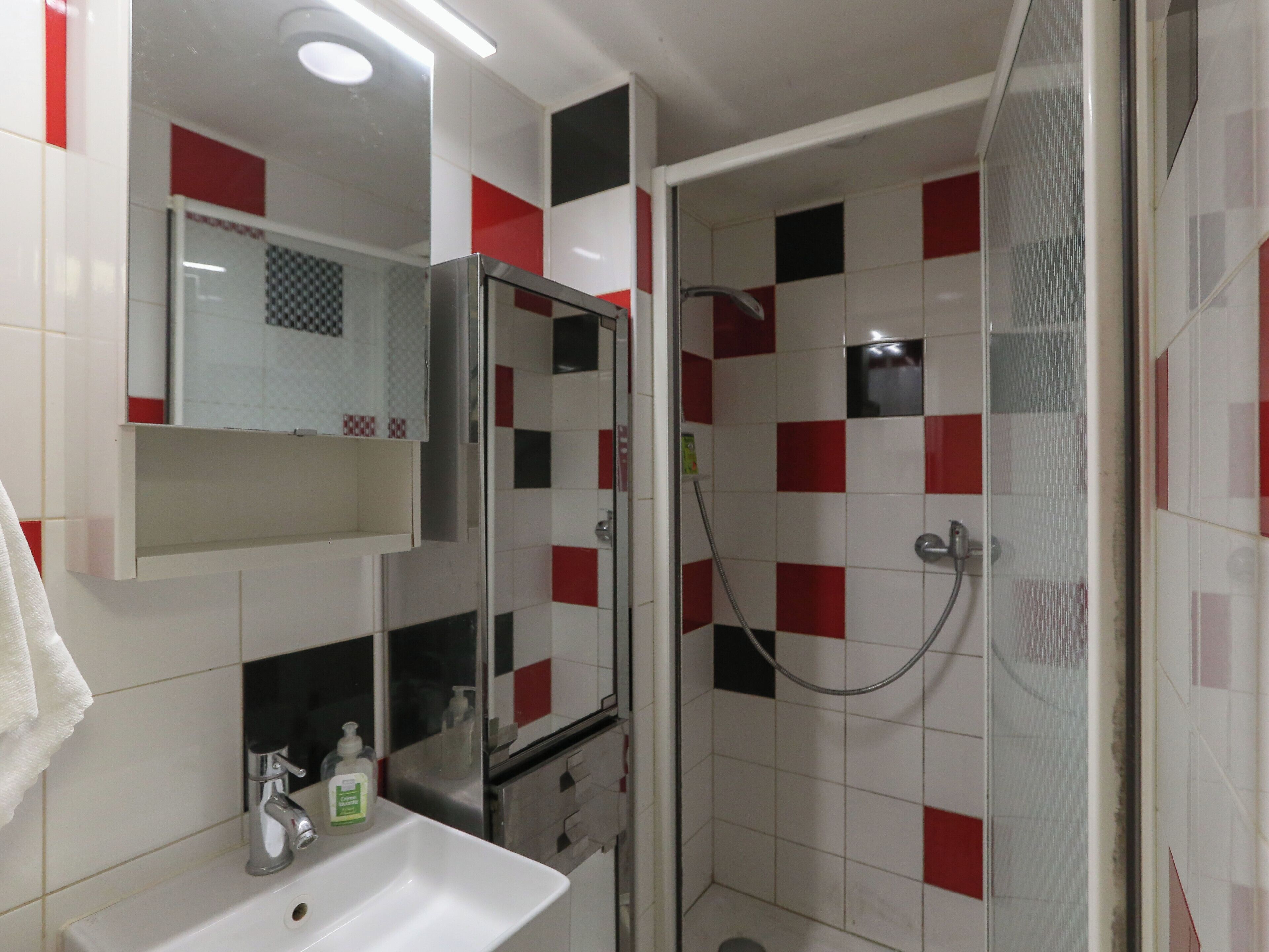 Une salle de bain avec un lavabo blanc, un miroir et une douche dont les carreaux sont rouges et blancs.