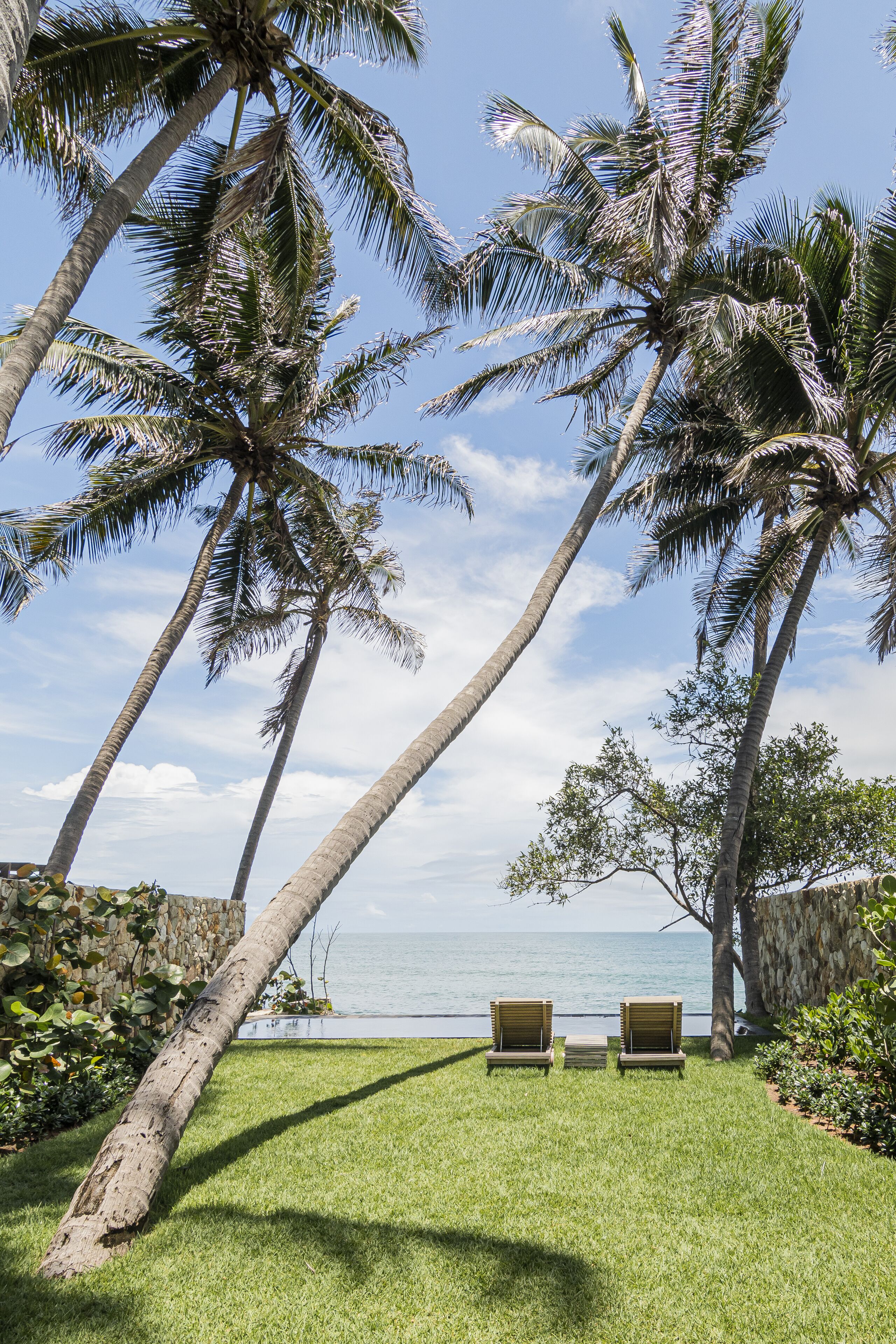 A tropical outdoor area with palm trees, a stone wall, and two wooden lounge chairs facing a body of water.