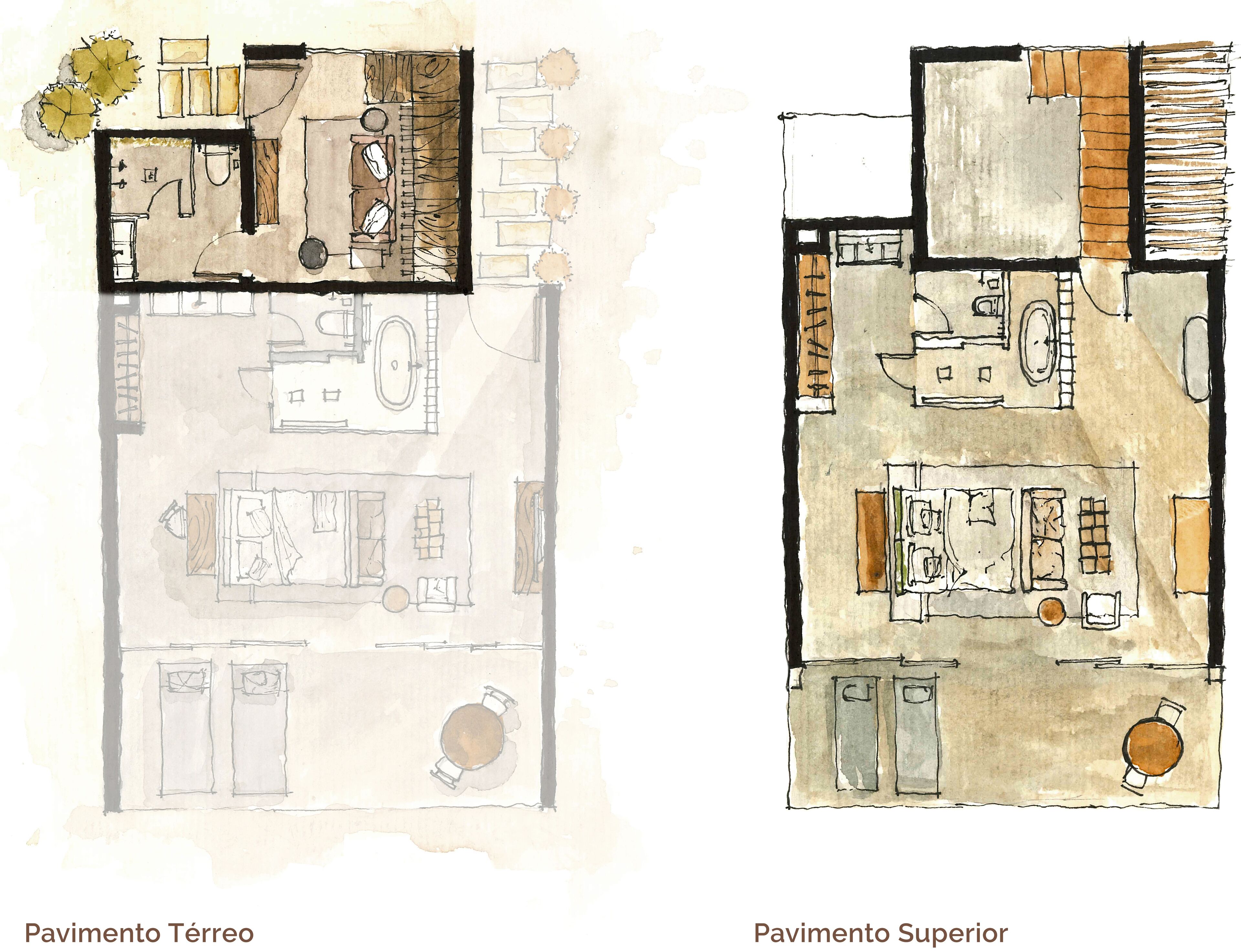 Planos de planta de un edificio con dos niveles: una planta baja con cocina, comedor y un pequeño espacio exterior, y una planta alta con sala de estar, dormitorios y un balcón.