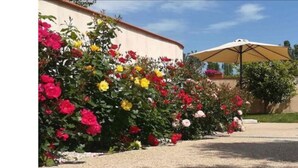 A garden with a variety of colorful flowers and a pergola with a white umbrella. - Prati di Maja B&B (Miglianico)