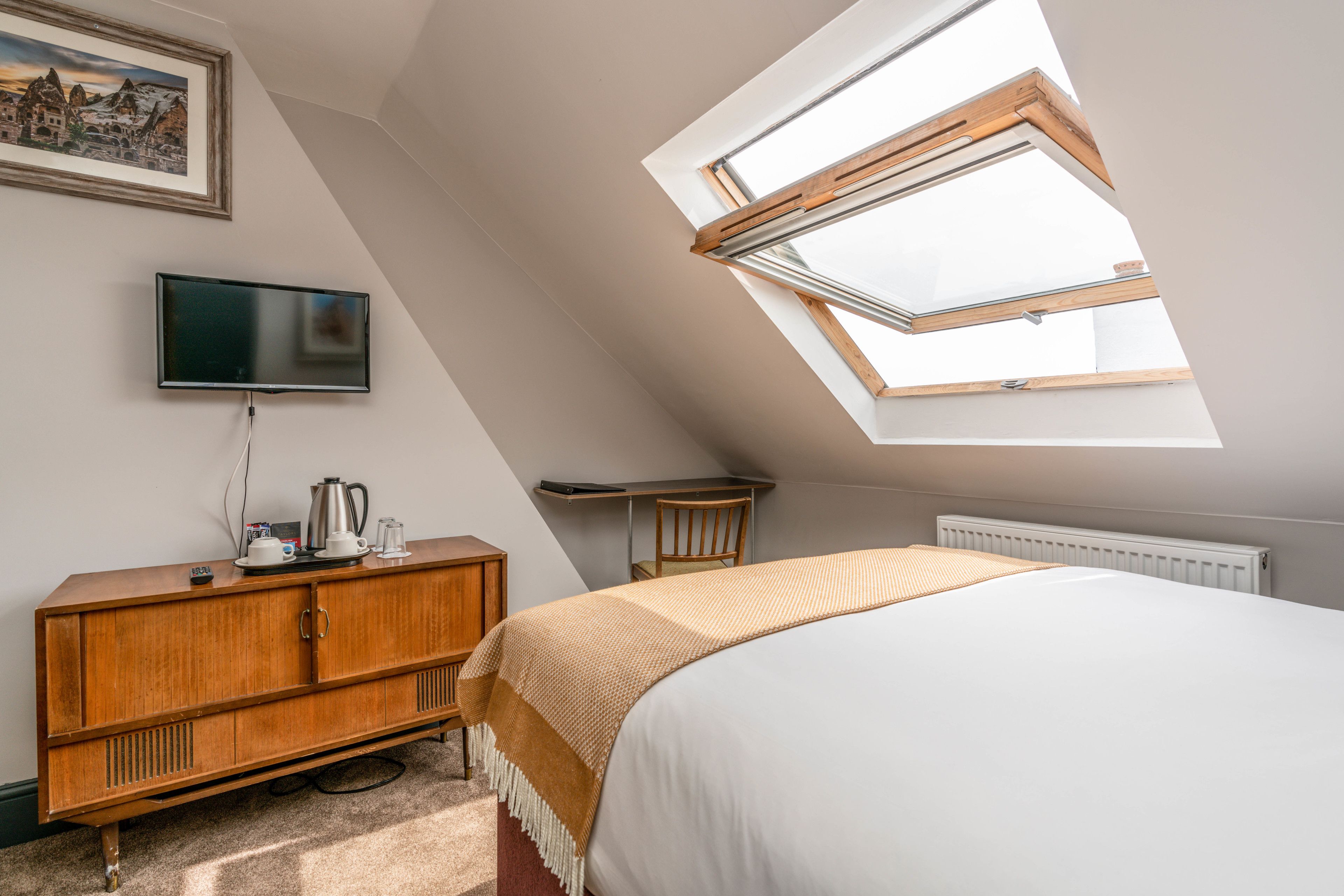 A bedroom with a sloped ceiling, a skylight, a bed, a wooden dresser, a television, and a radiator.