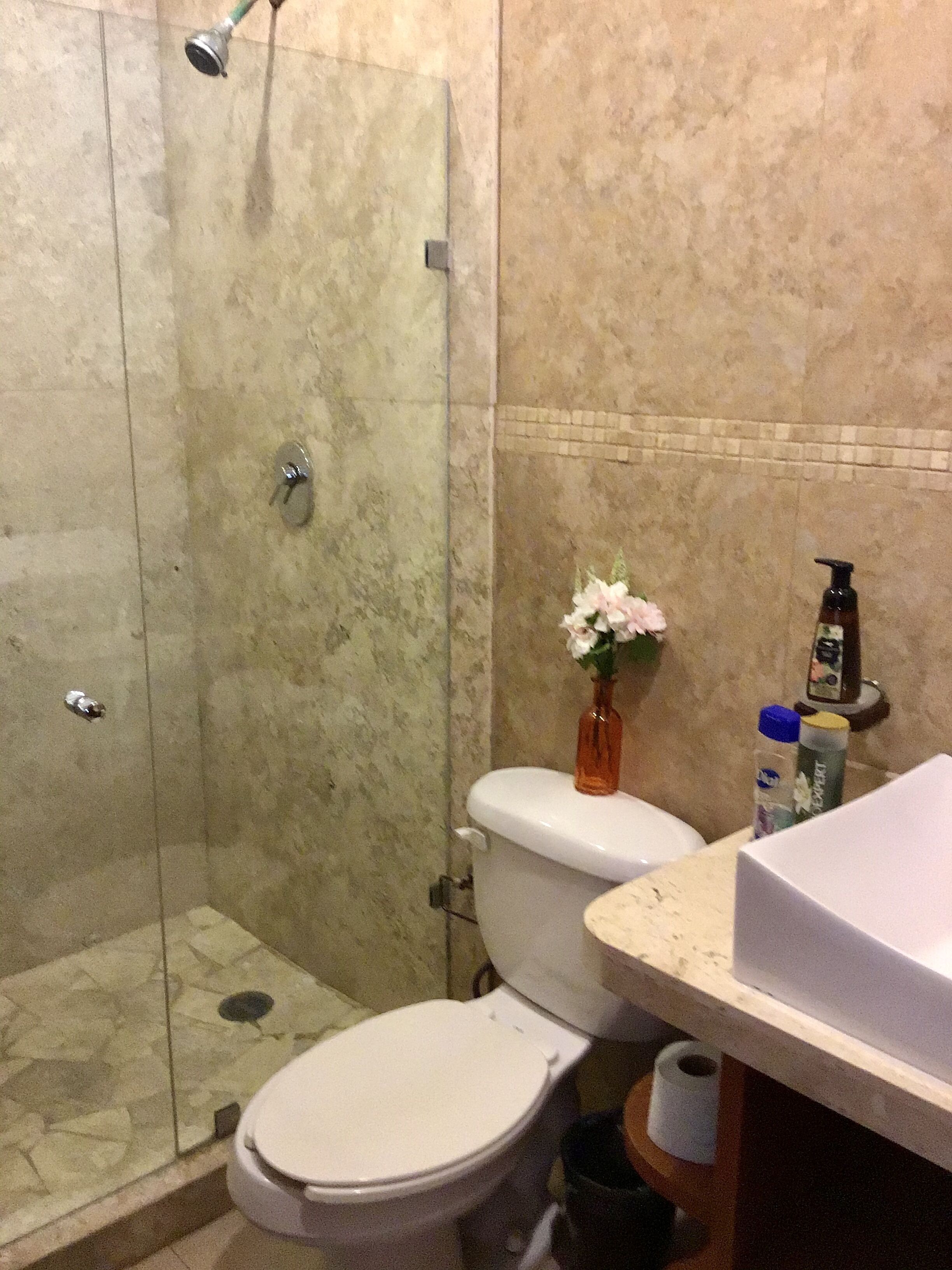 A bathroom with a shower, toilet, and sink.