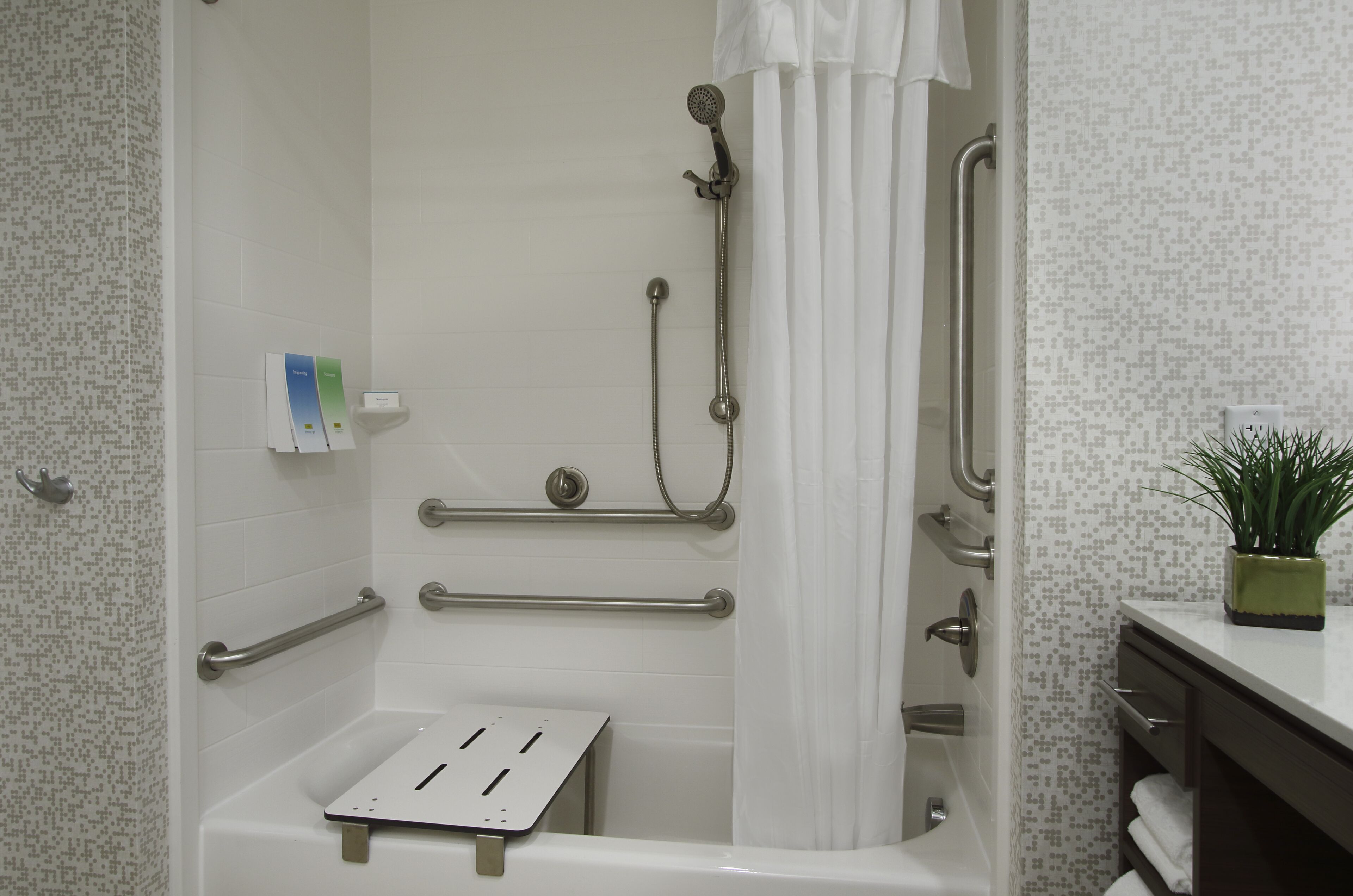 Ein modernes Badezimmer mit Dusche, Haltegriffen, einer weißen Badewanne und einem Topf mit Pflanze auf dem Waschtisch.