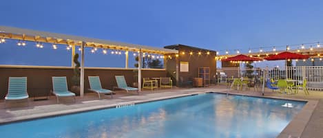 Outdoor pool, pool umbrellas, pool loungers